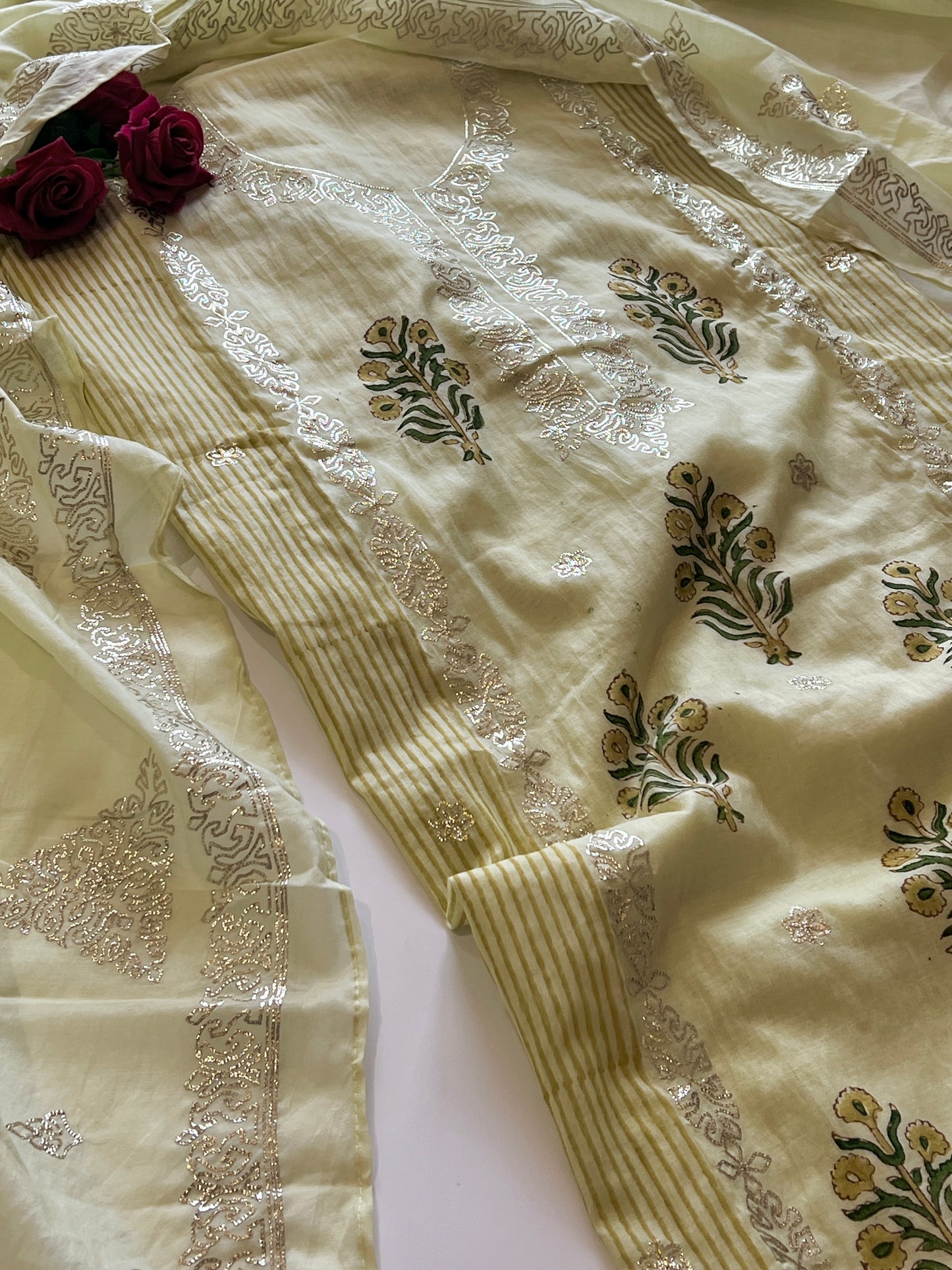Block print and pitta work on Mul Chanderi dunstitched Suit set