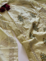 Block print and pitta work on Mul Chanderi dunstitched Suit set
