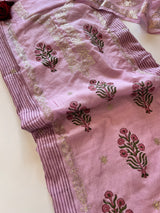Purple Block print and pitta work on Mul Chanderi dunstitched Suit set