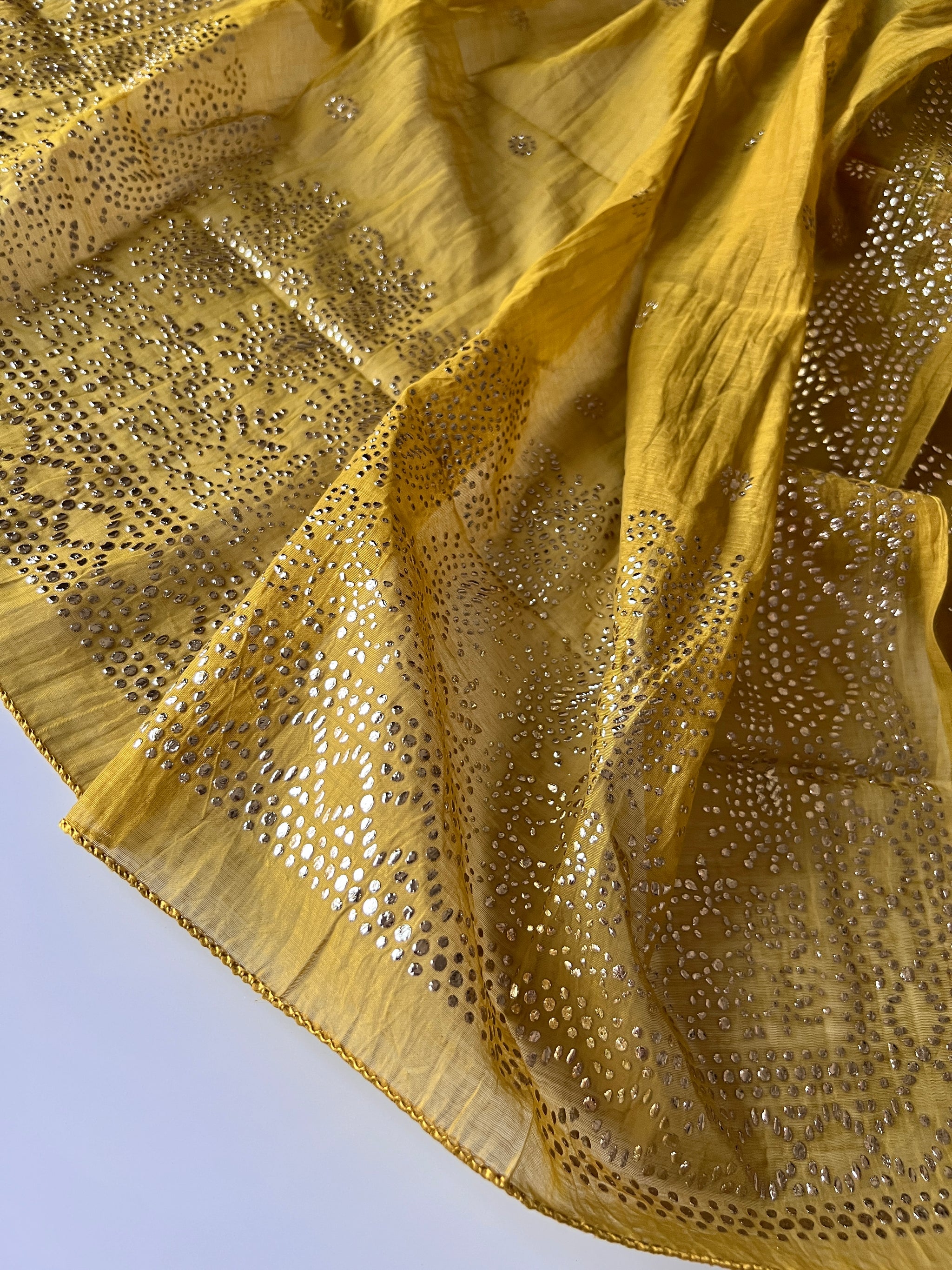 Yellow Mul Chanderi dress material with mukaish