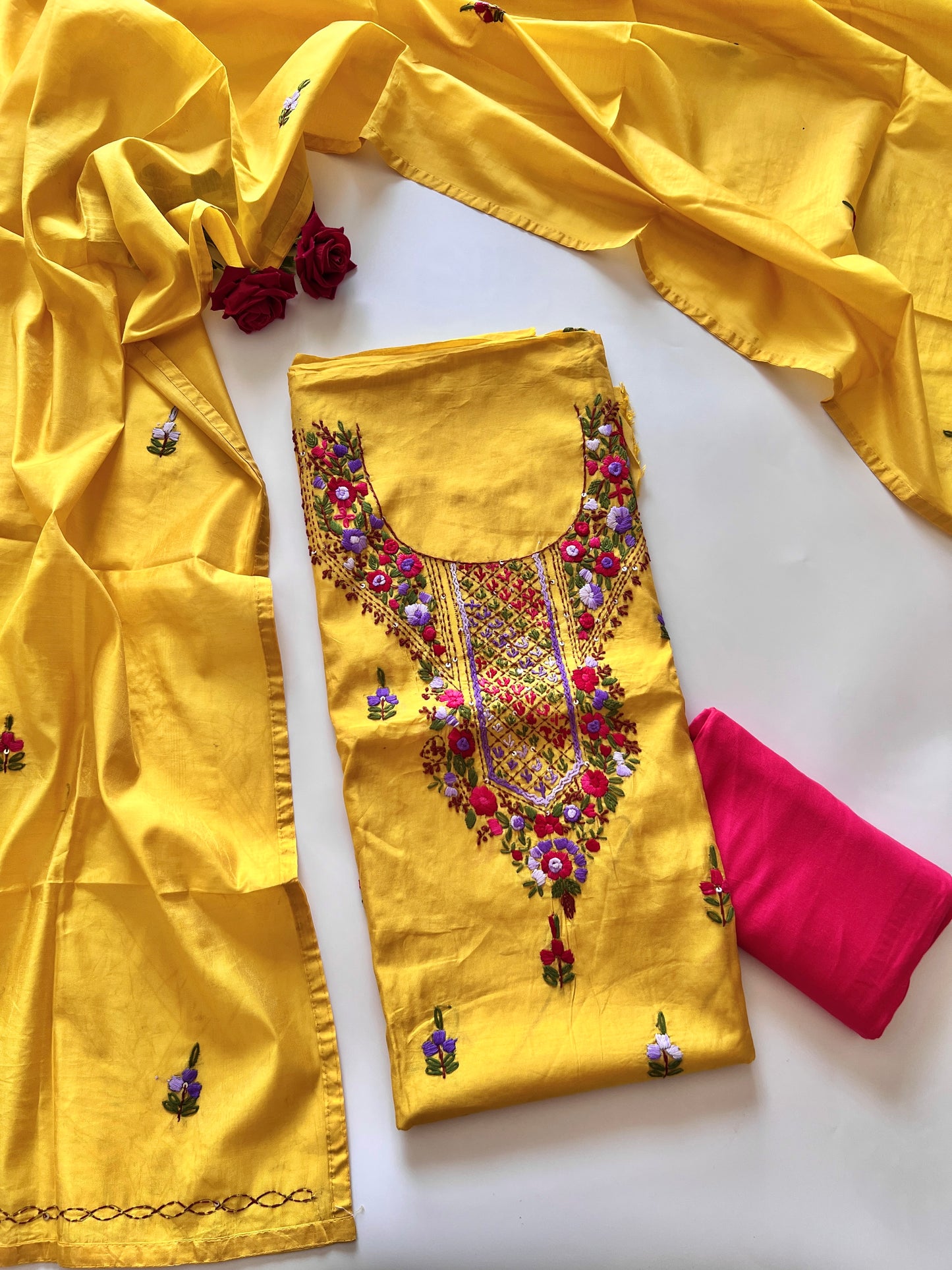 Yellow knot embroidery Unstitched suit material