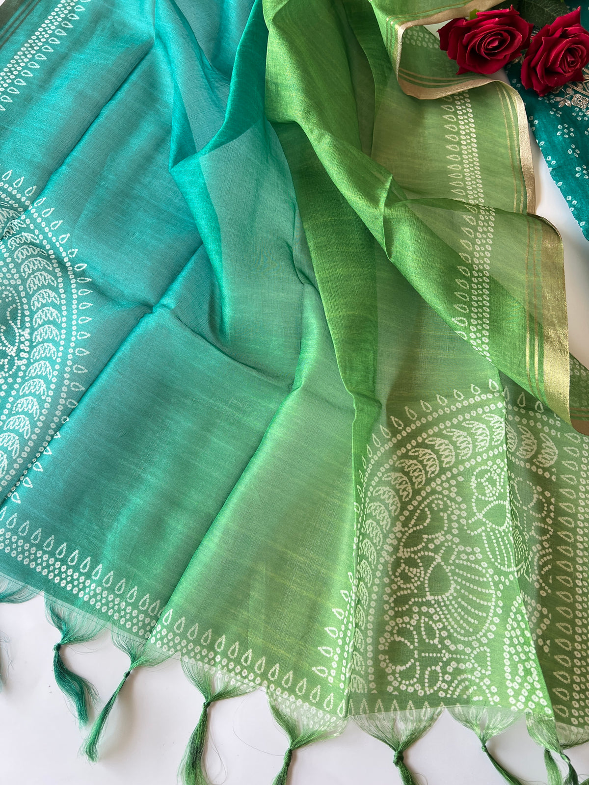 Green soft Organza crepe with Pitta work and bandej