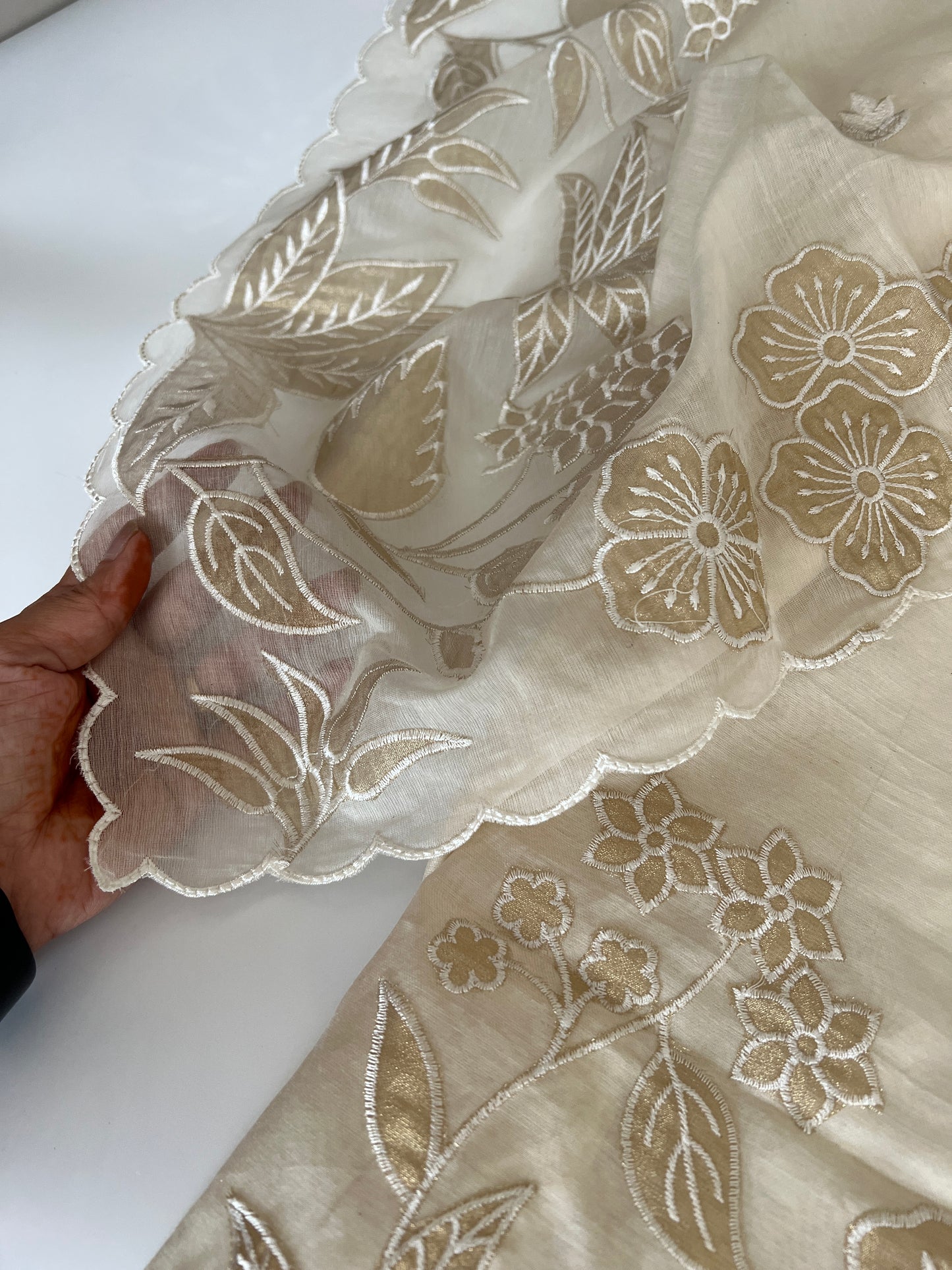 Pure Banarasi Mul Satin Kurta dupatta set with Tissue cutwork embroidery