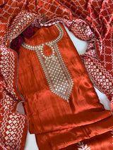 Orange Gajji Silk With gotta work neck Unstitched suit