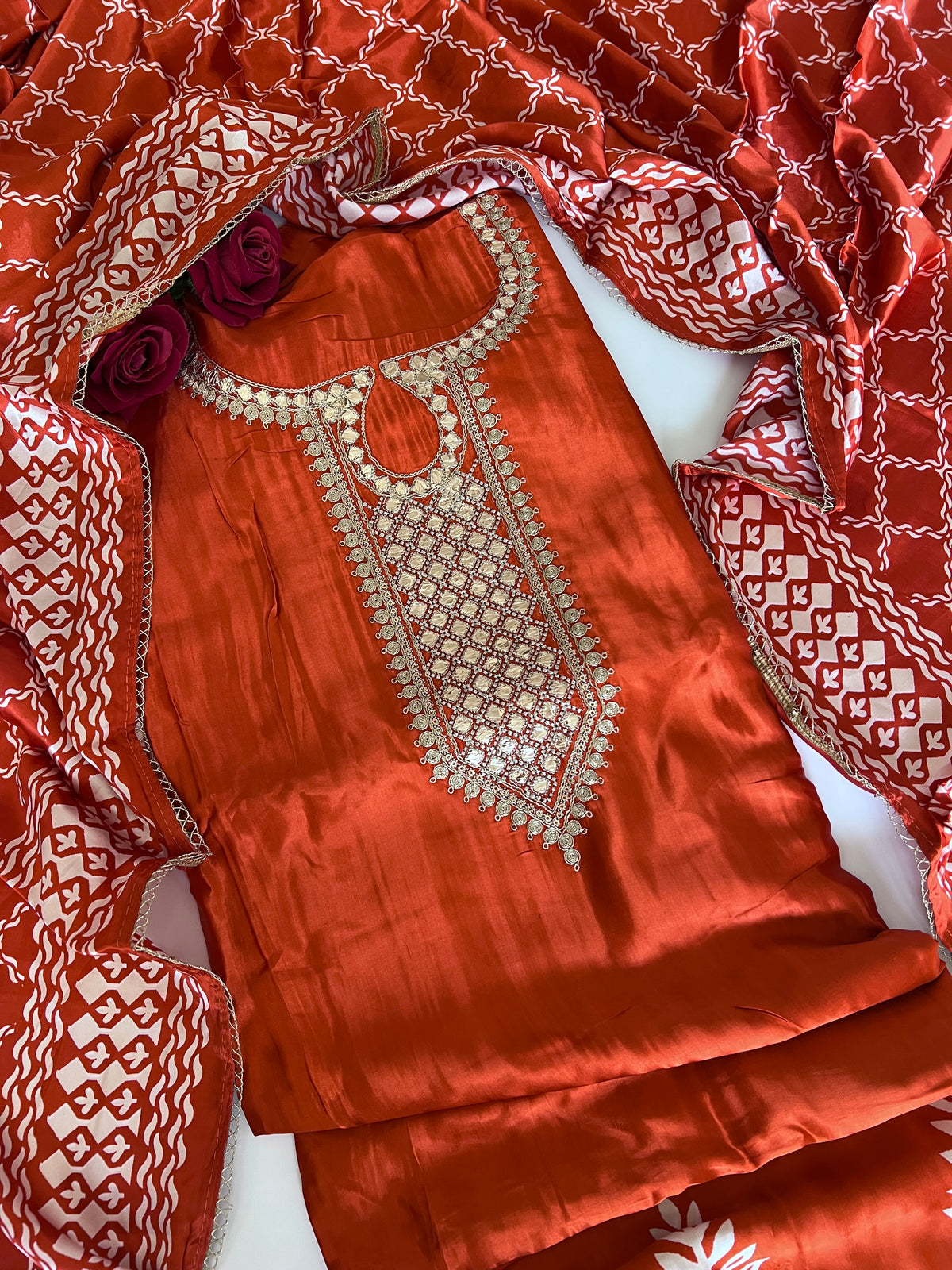 Orange Gajji Silk With gotta work neck Unstitched suit