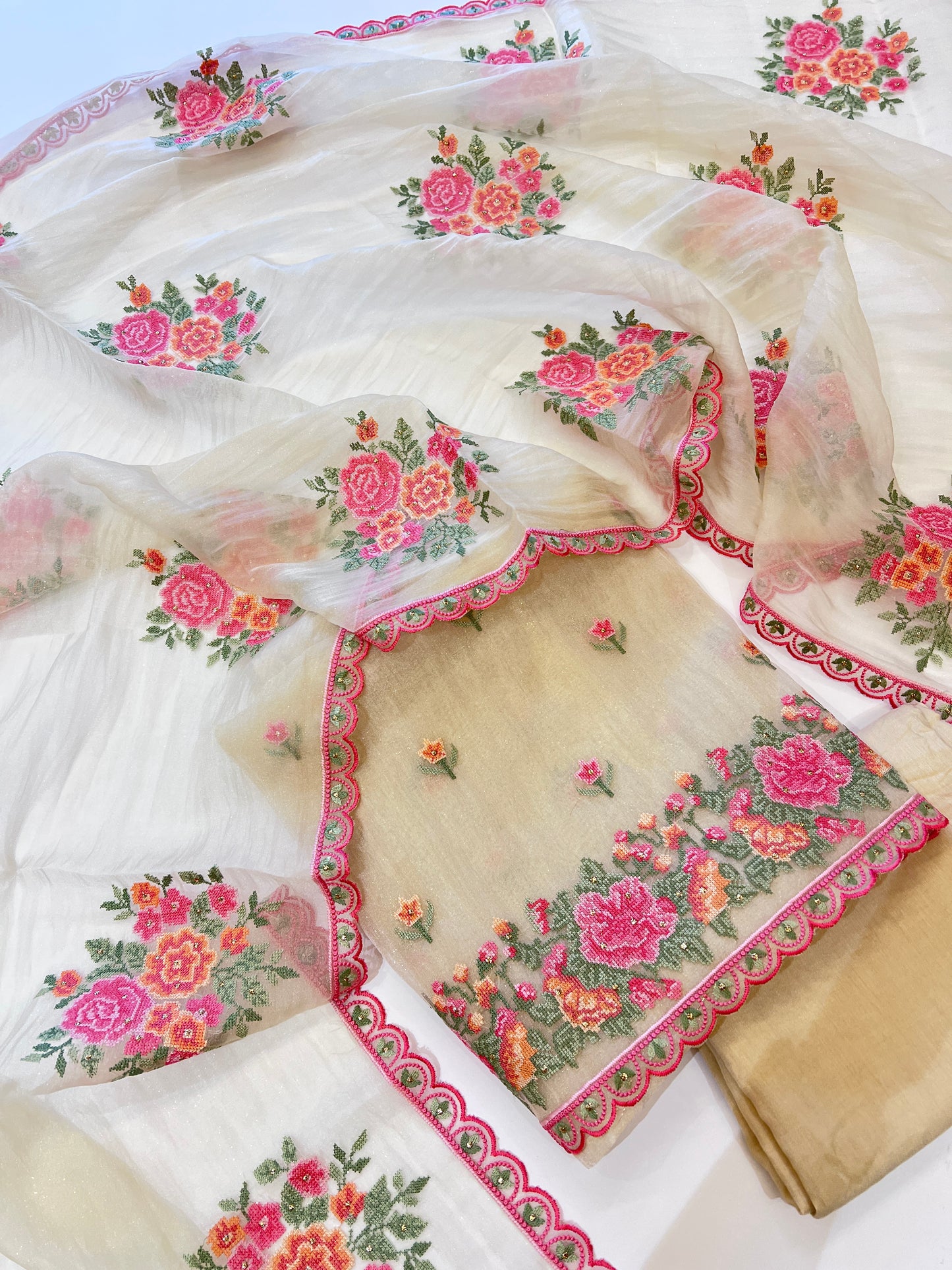 Light Gold Glass tissue with floral cross stitch embroidery dress material