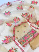 Light Gold Glass tissue with floral cross stitch embroidery dress material