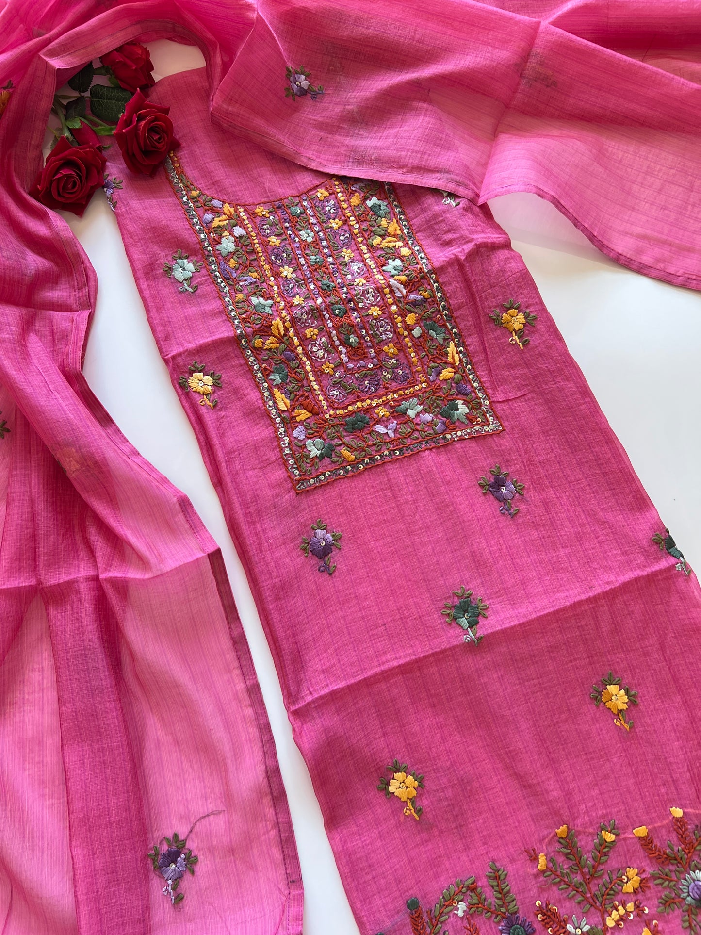 Pink Knot embroidery Unstitched suit material 2 pc