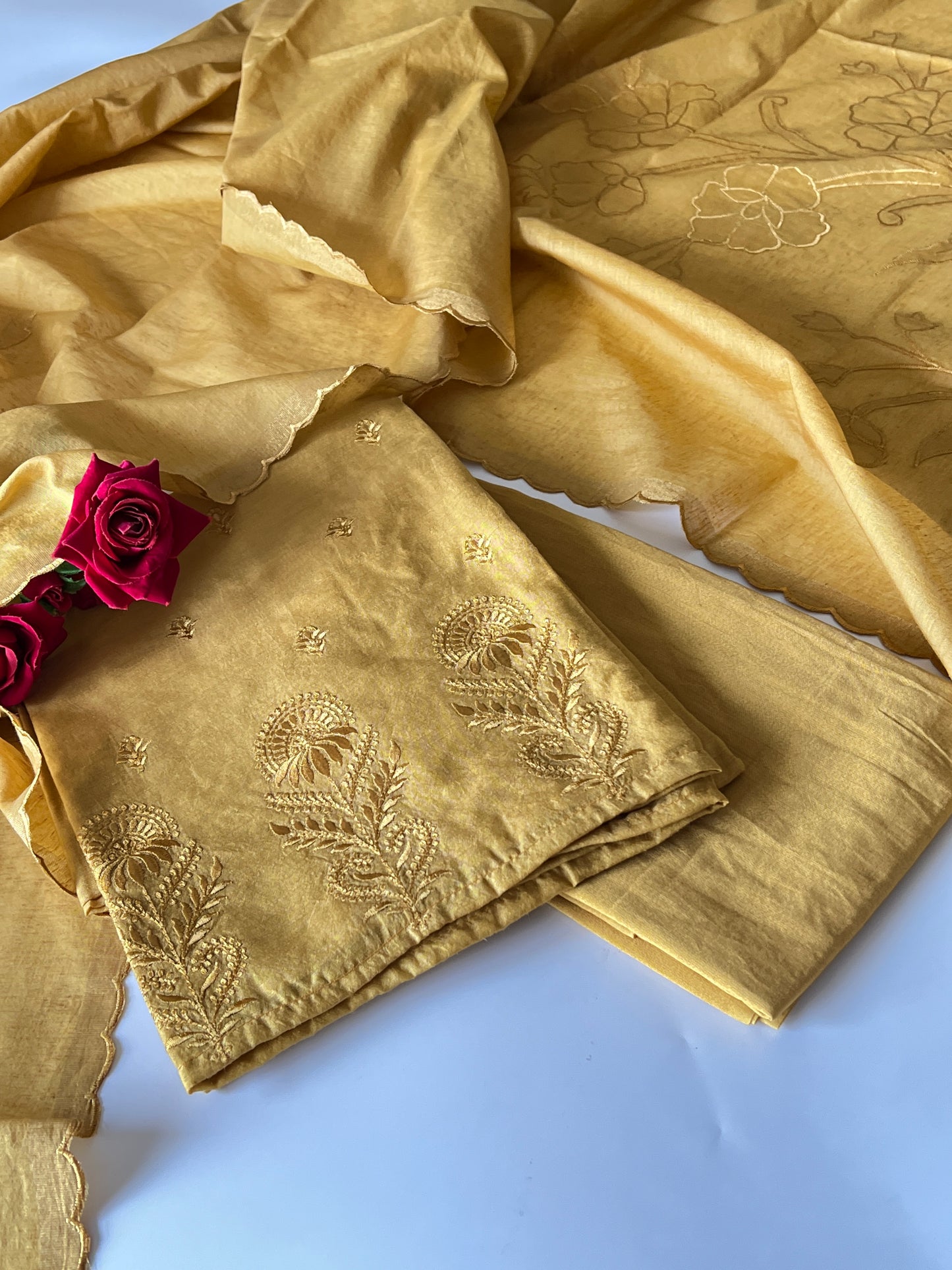 Yellow Pure Chanderi patchwork Embroidery scallop unstitched suit