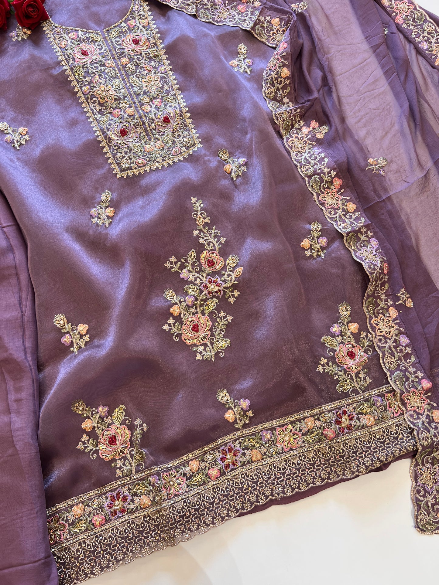 Purple Tissue partywear embroidered suit set unstitched