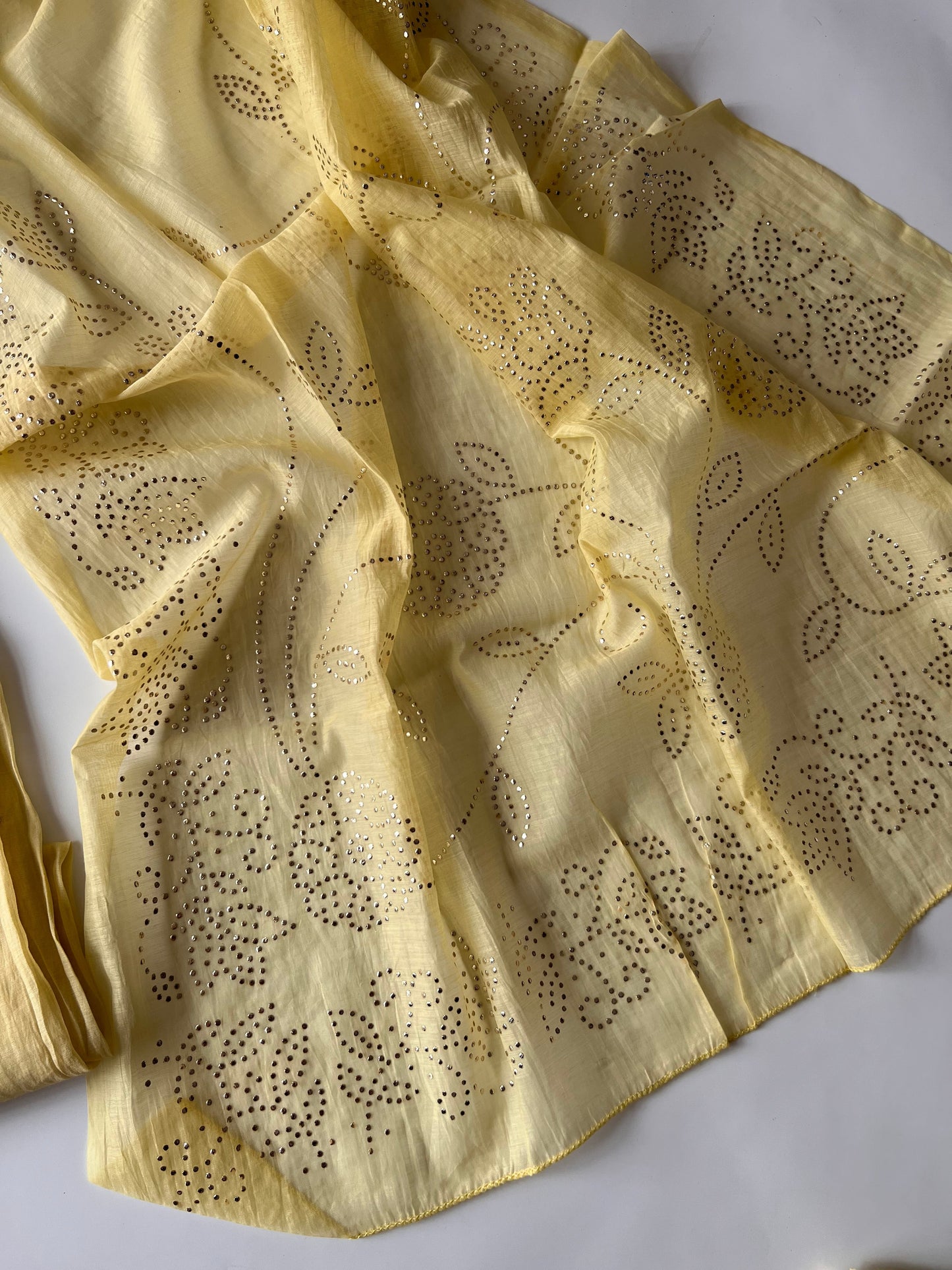Pastel Yellow Mul Chanderi dress material with pitta and mukaish work