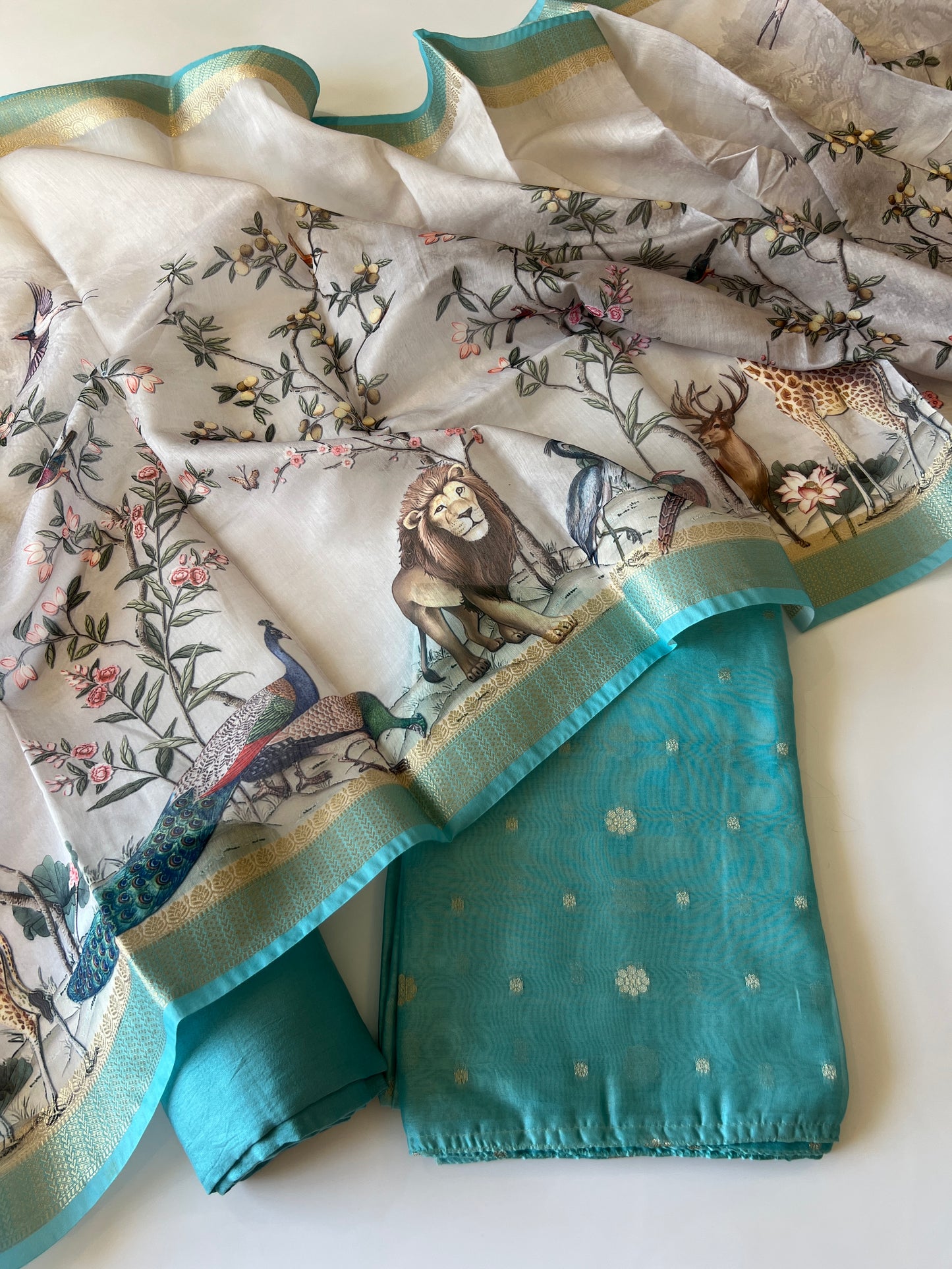 Shikargah printed Dupatta with Chanderi kurta Unstitched suit material