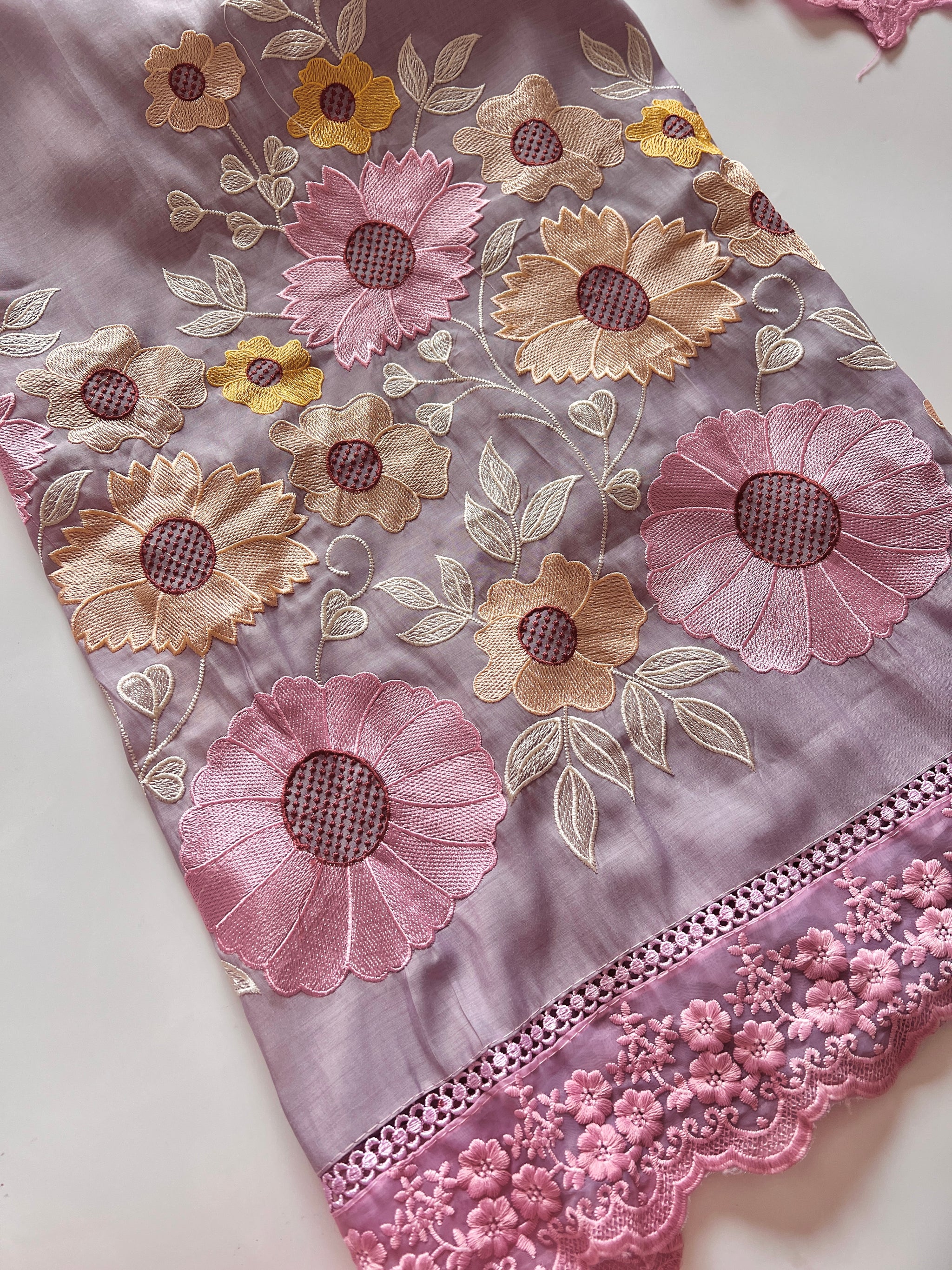 Purple Sunflower Embroidery Mul Masleen Dress material