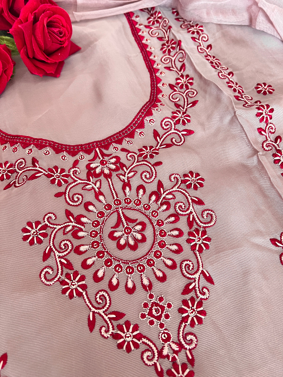 Laal Dhaga Mouse Organza Unstitched Suit with Plain Bottom | 3 Pc