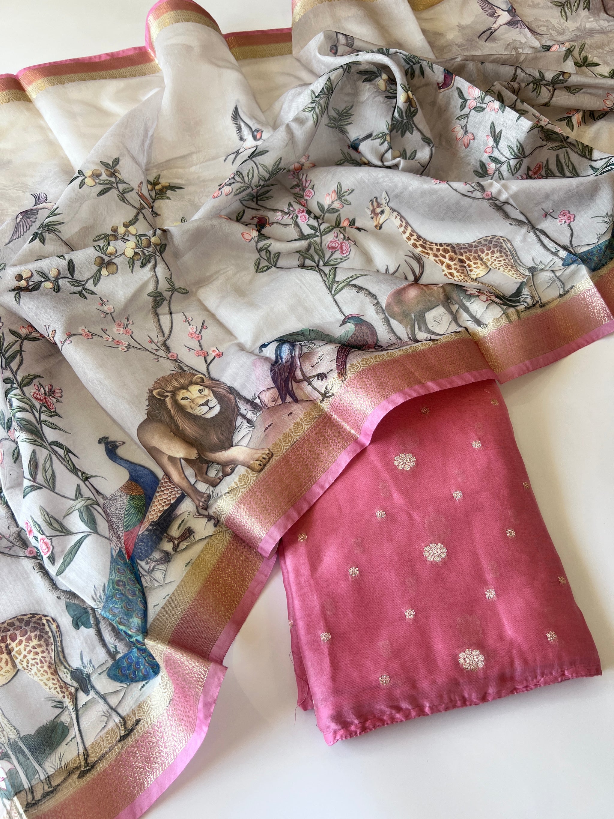 Shikargah printed Dupatta with Chanderi kurta Unstitched suit material