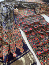 Blue Ajrakh Handblock print 3 pc fabric Unstitched suit set
