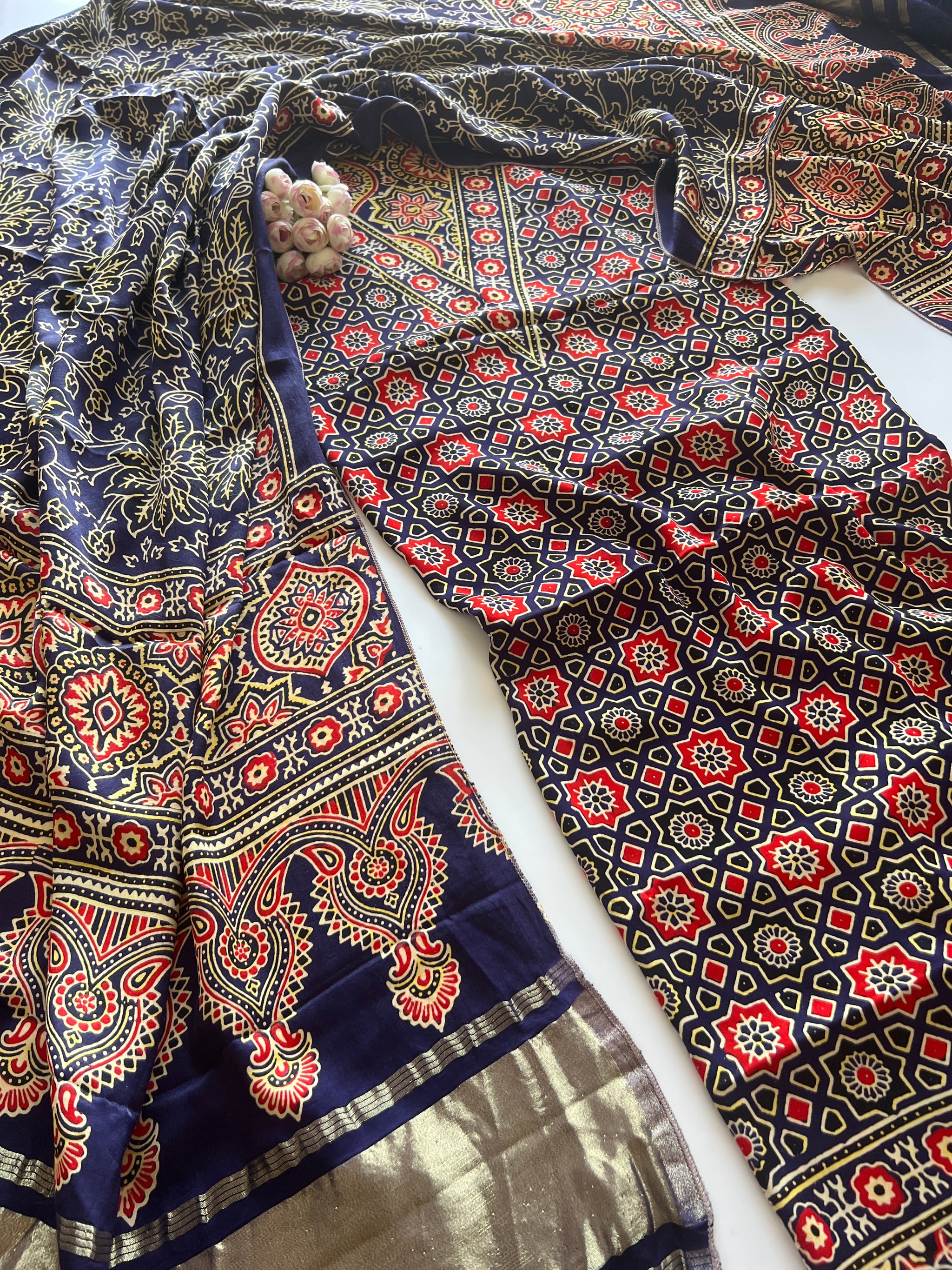 Blue Ajrakh Handblock print 3 pc fabric Unstitched suit set