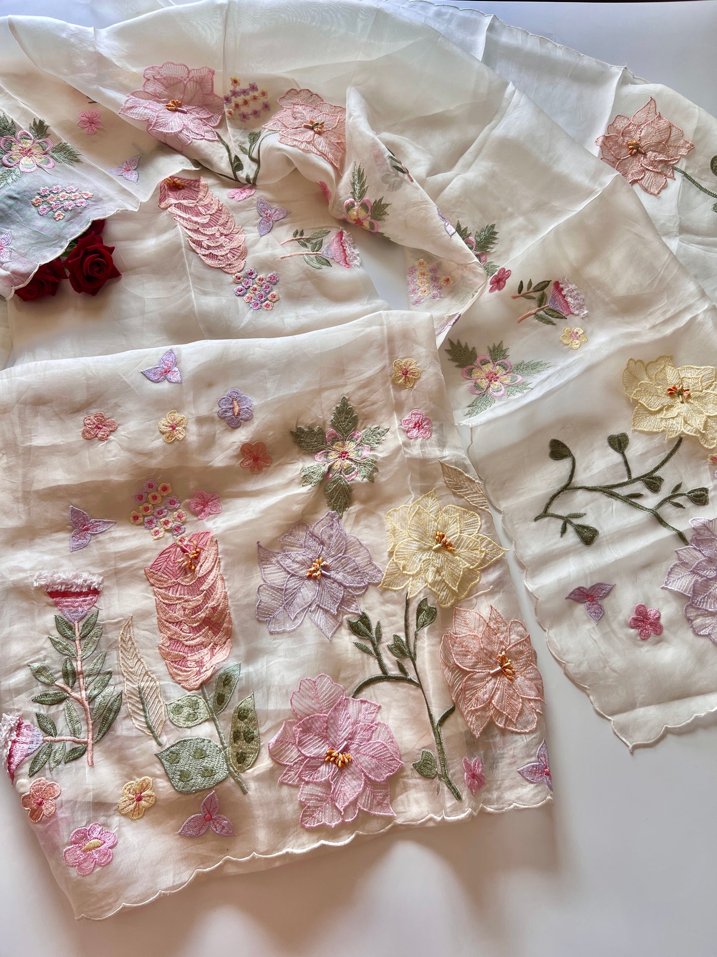 Off White 3D Embroidery on Organza premium unstitched dress material with floral work