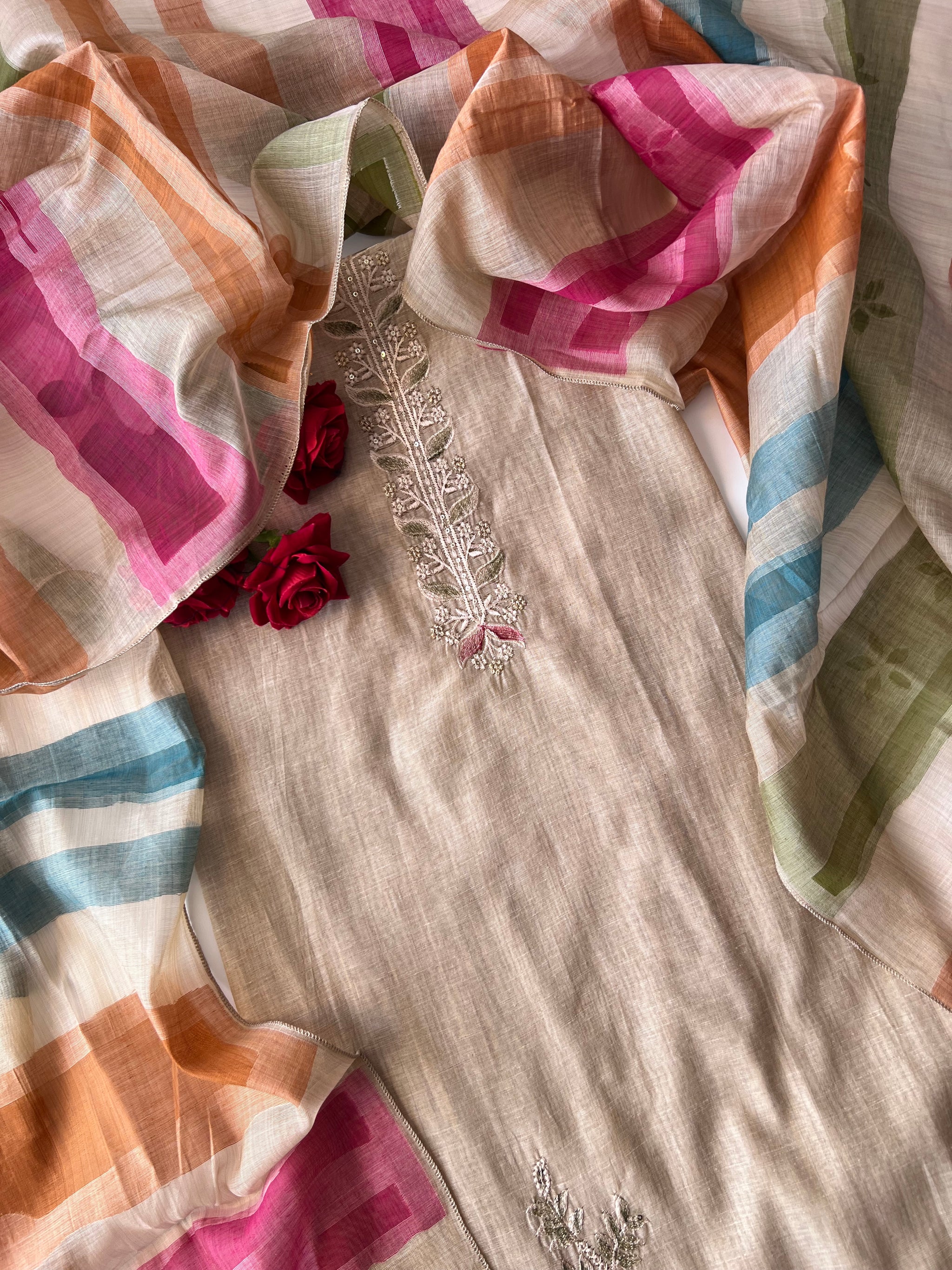 Linen with multi color embroidery and dupatta,, Unstitched suit material