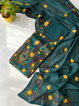 Peacock color Chanderi Phulkari embroidery Unstitched suit material