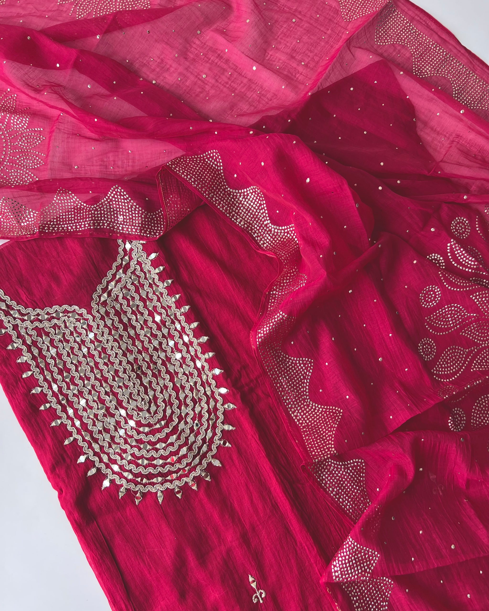 Hot pink Mirror work on Mul Chanderi dress material with mukaish work dupatta