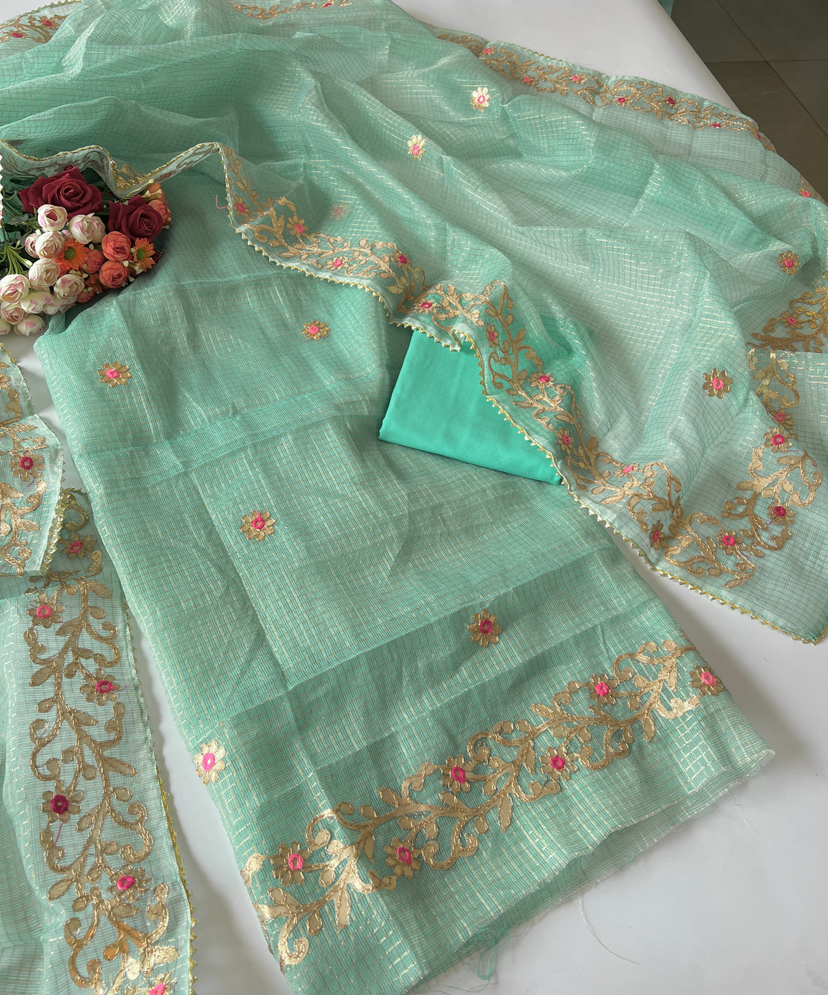 Greenish Kotta with kotta embroidered kurta dupatta set Unstitched