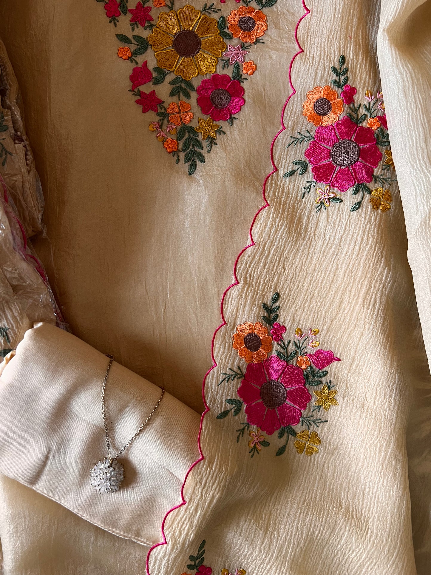 Sunflower Embroidery Crush tissue Silk Dress material