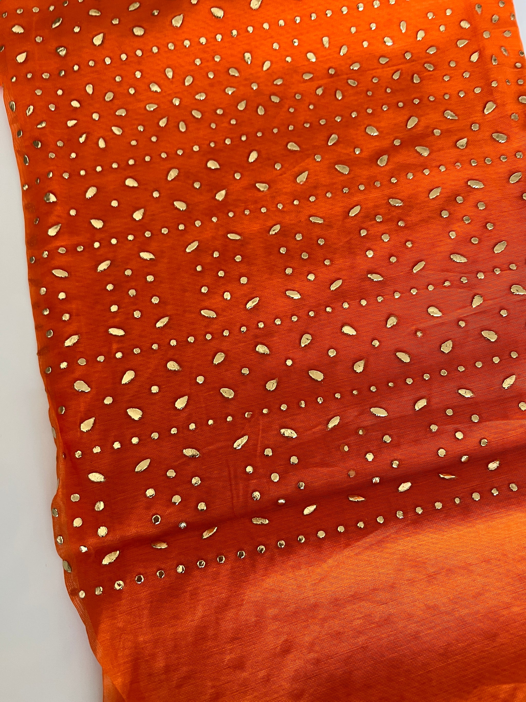 Orange Mul Chanderi dress material with mukaish geometric