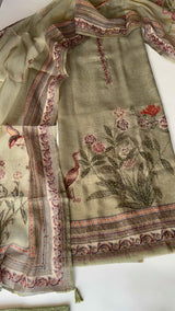 Shimmer Linen Unstitched Salwar Suit with Knot Embroidery and Bird Floral Print