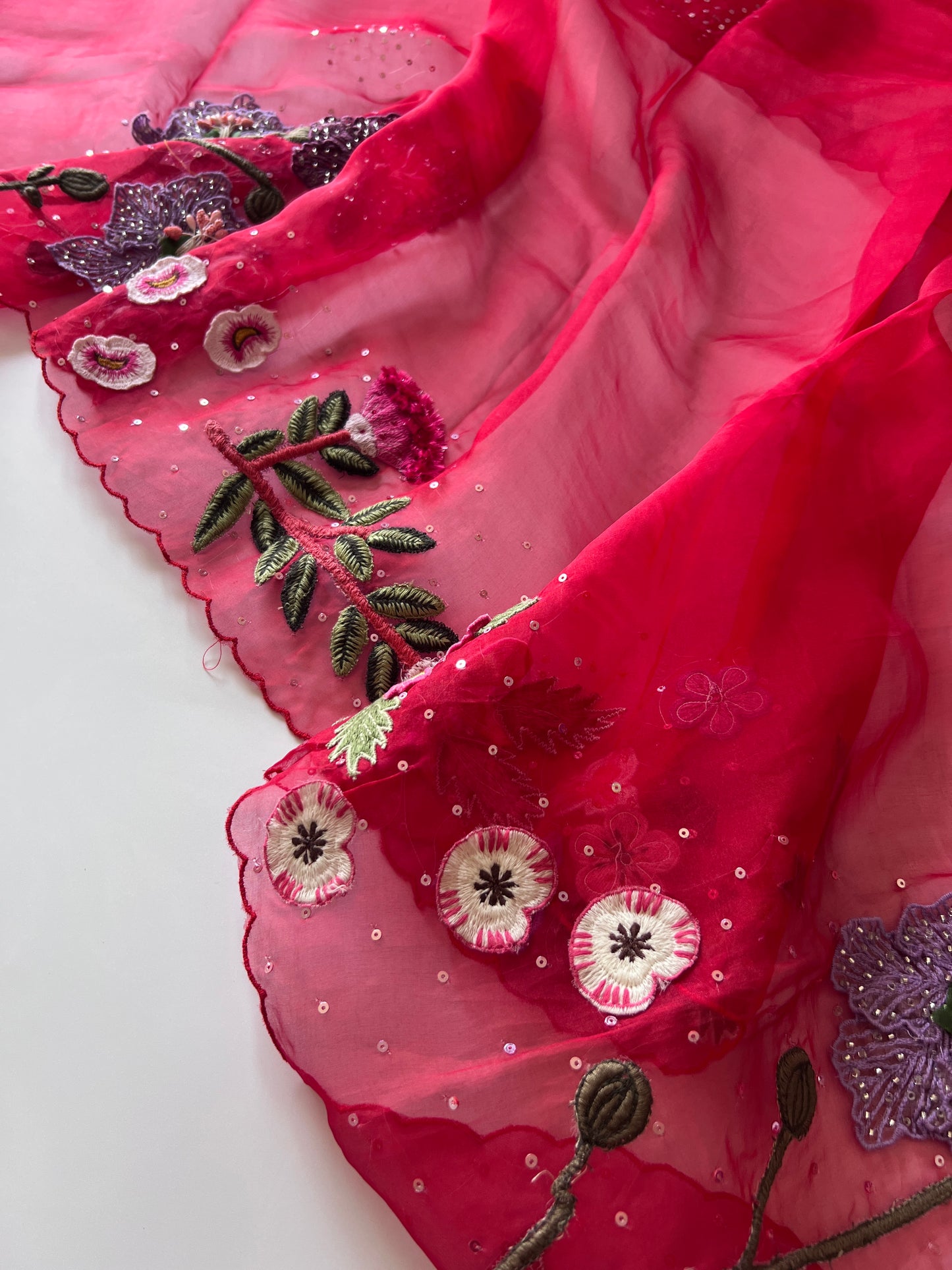 Red Fairy tale Embroidery on Organza premium unstitched dress material with 3D floral work