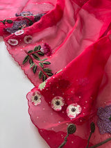 Red Fairy tale Embroidery on Organza premium unstitched dress material with 3D floral work