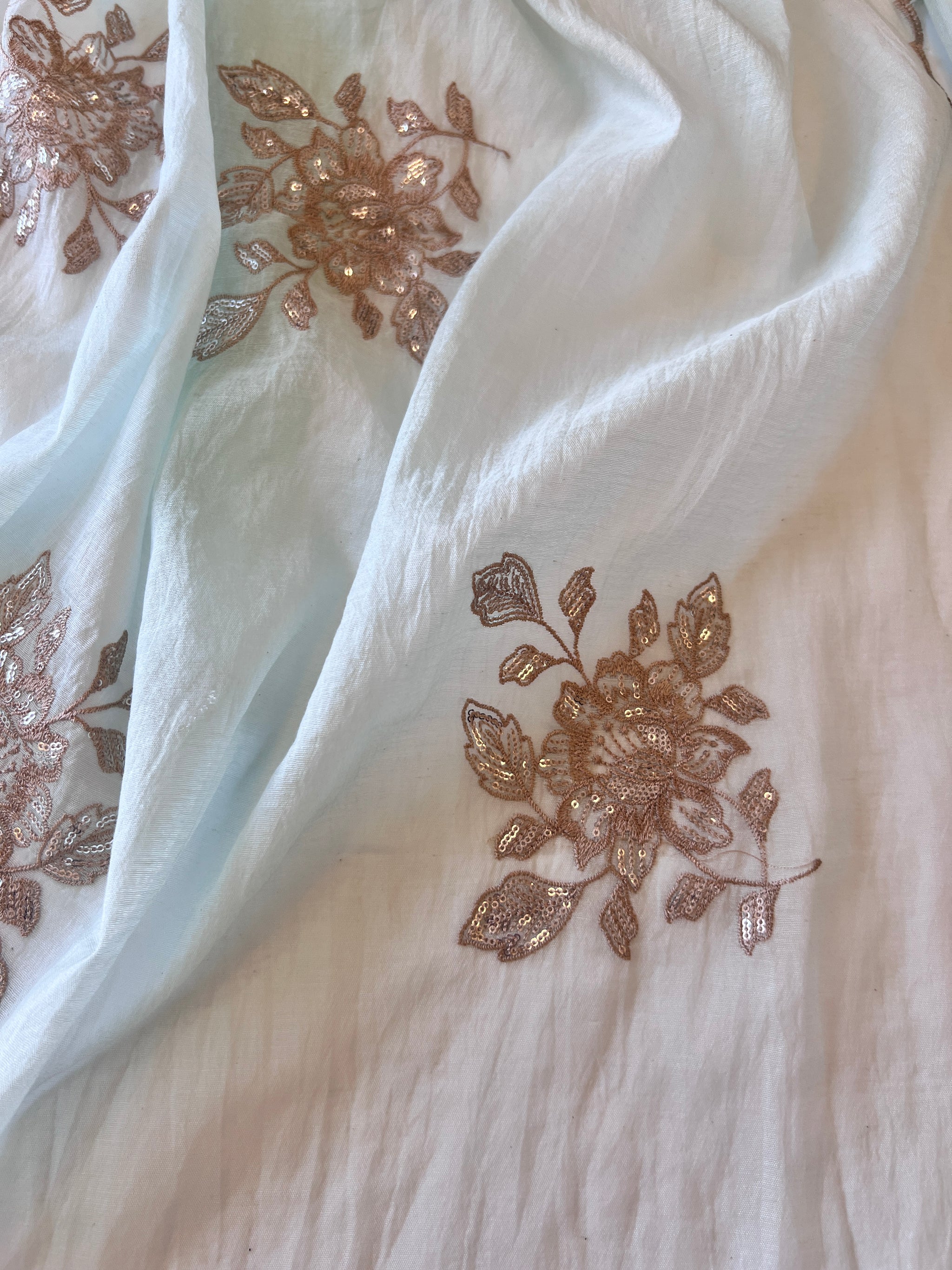 Pastel Blue Mul Chanderi Sequin embroidered Unstitched Suit