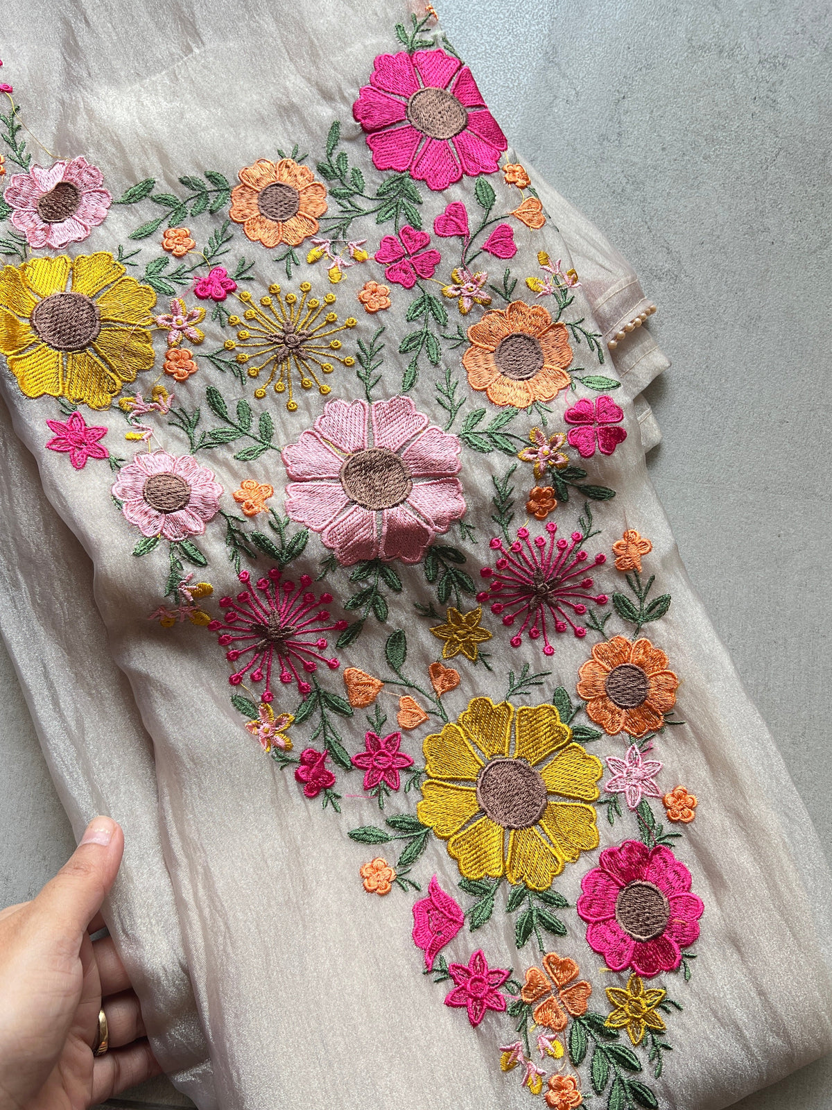 Greyish Champange gold Sunflower Embroidery Crush Organza tissue Dress material