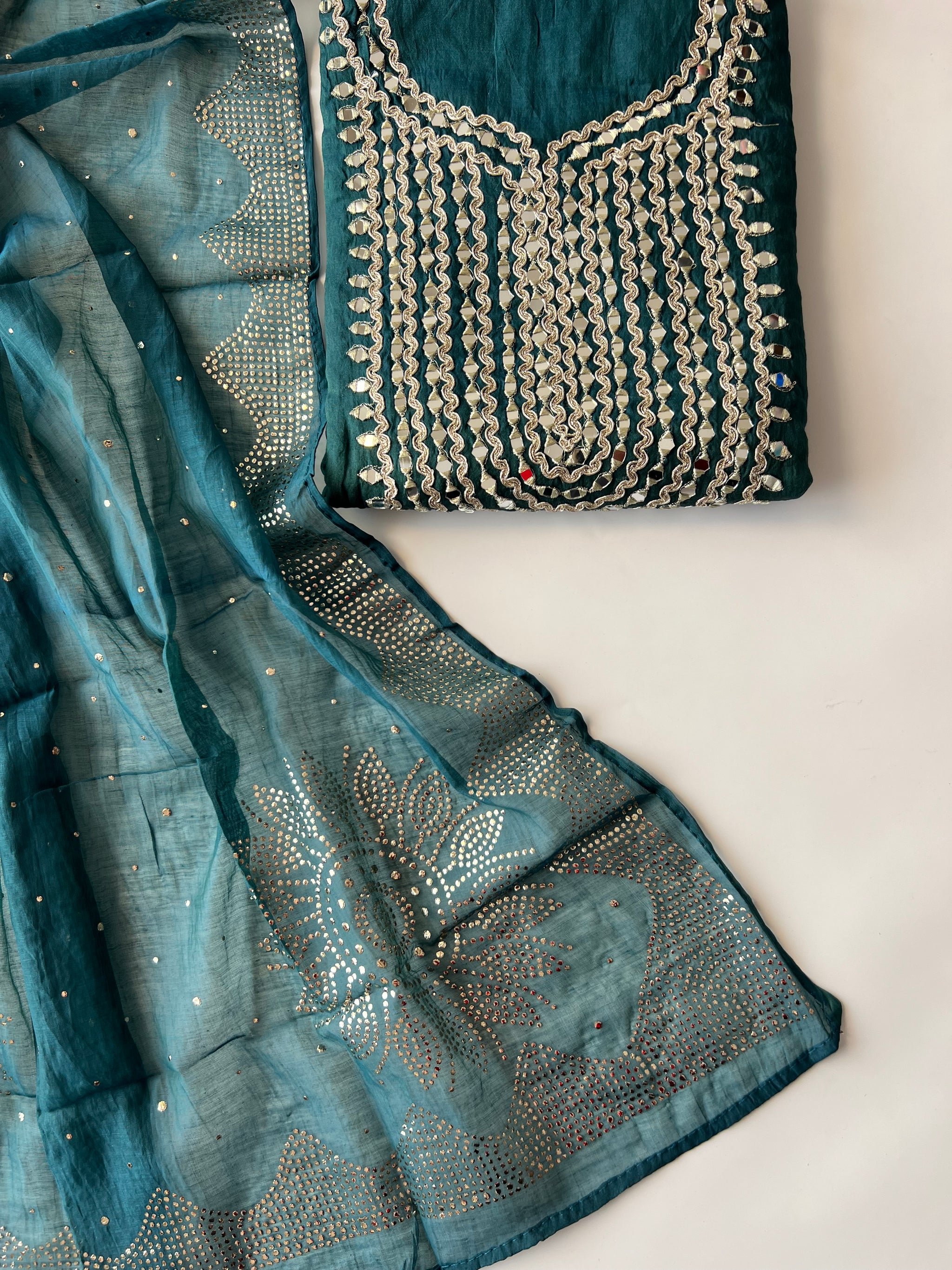 Mirror work on Mul Chanderi dress material with mukaish work dupatta