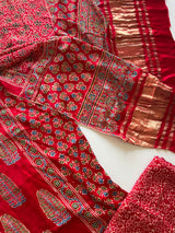Red Ajrakh Handblock print 3 pc fabric Unstitched suit set