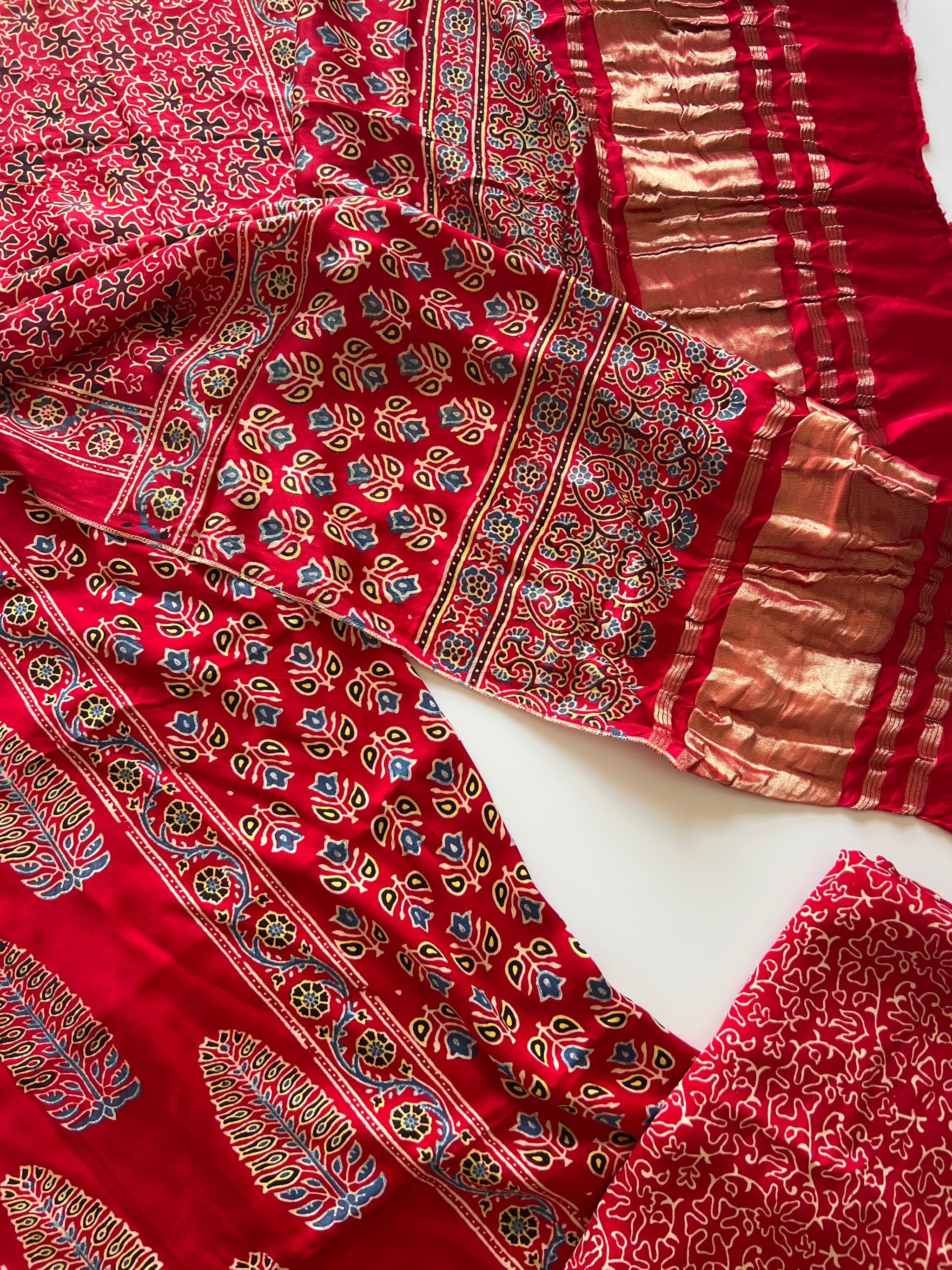 Red Ajrakh Handblock print 3 pc fabric Unstitched suit set