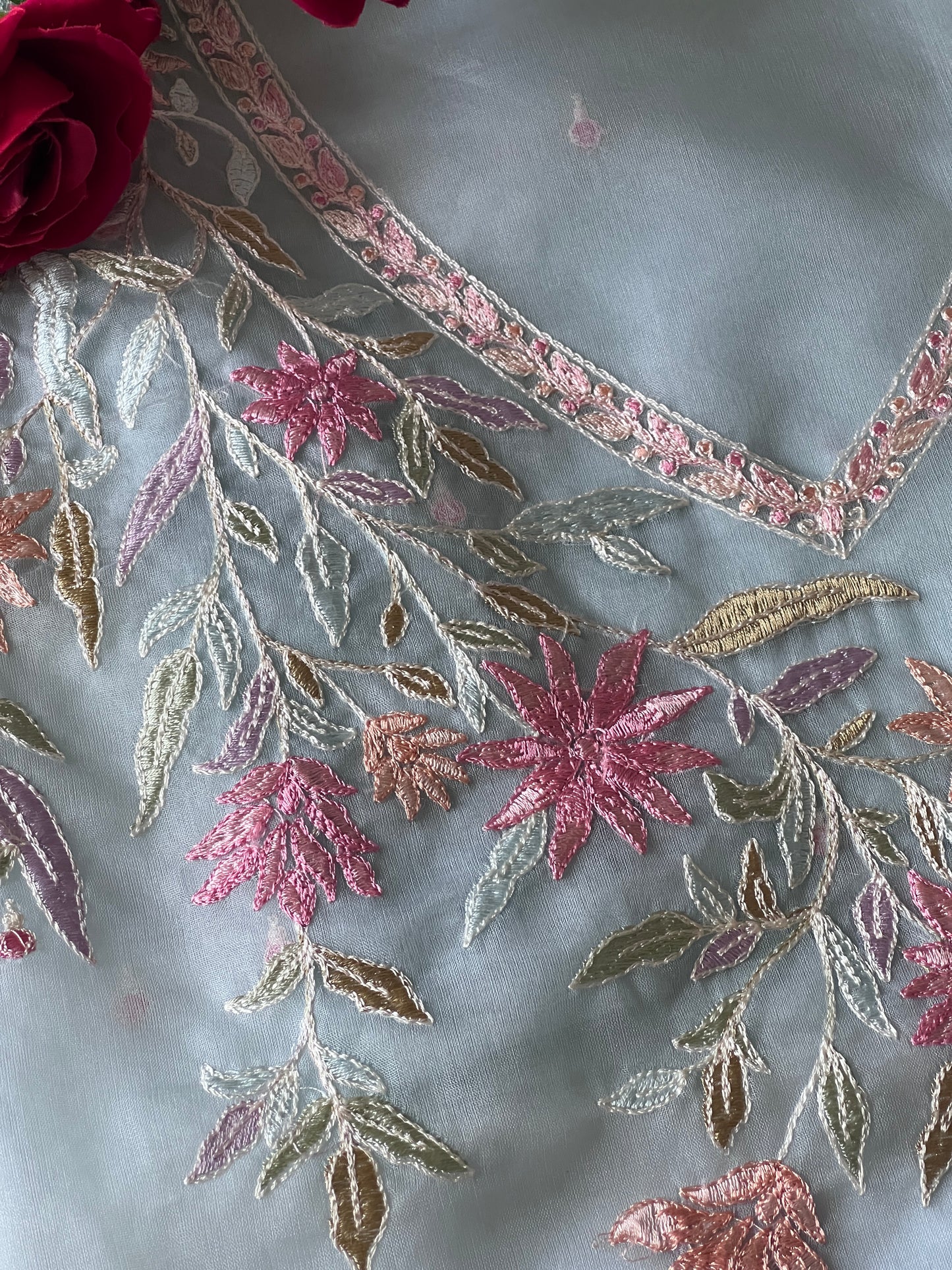 Blue thread Embroidery unstitched suit