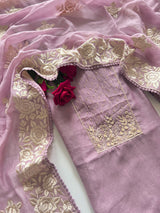 Lilac Mul Chanderi Handwork with Parsi dupatta Unstitched Suit set