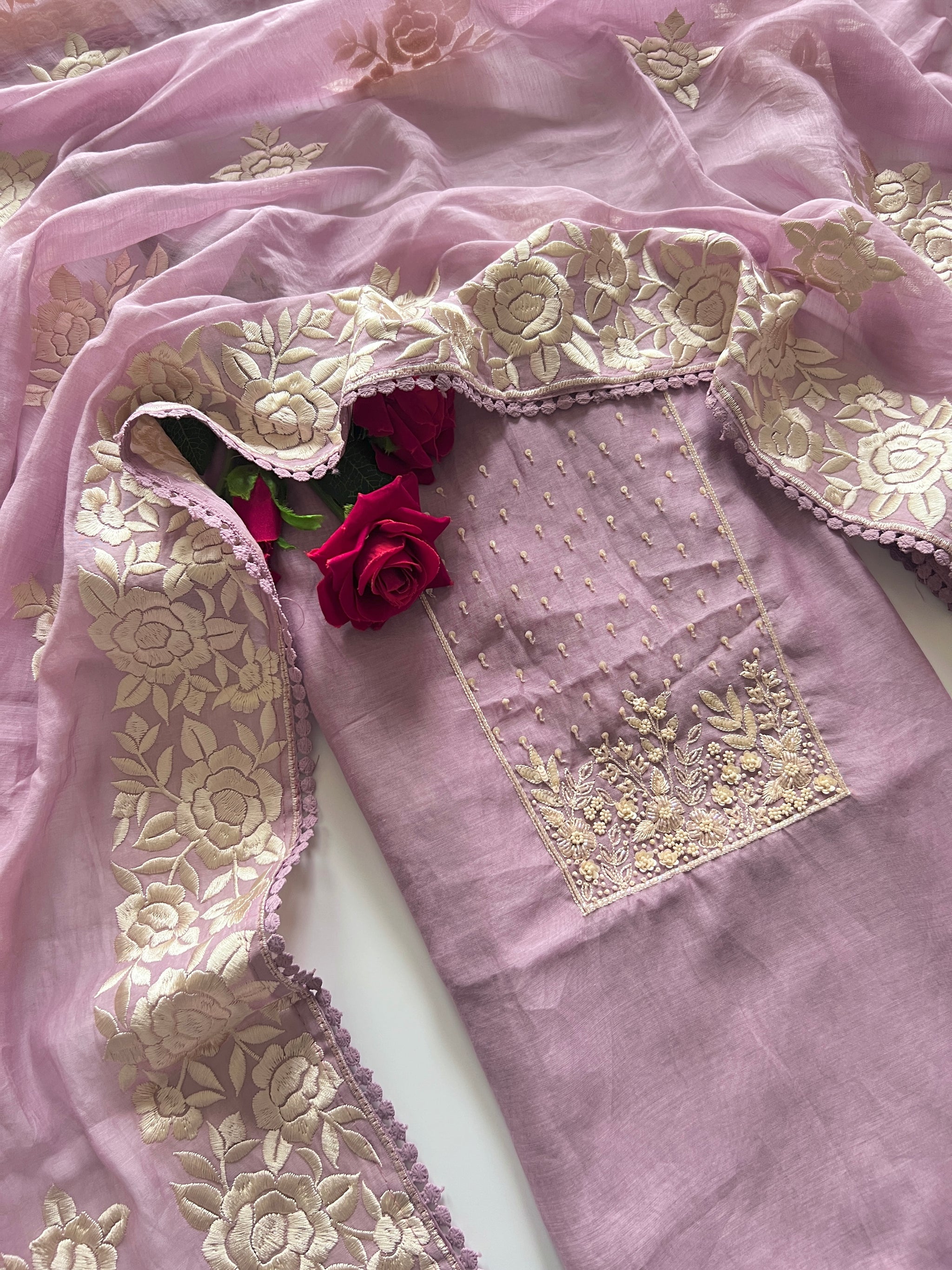 Lilac Mul Chanderi Handwork with Parsi dupatta Unstitched Suit set