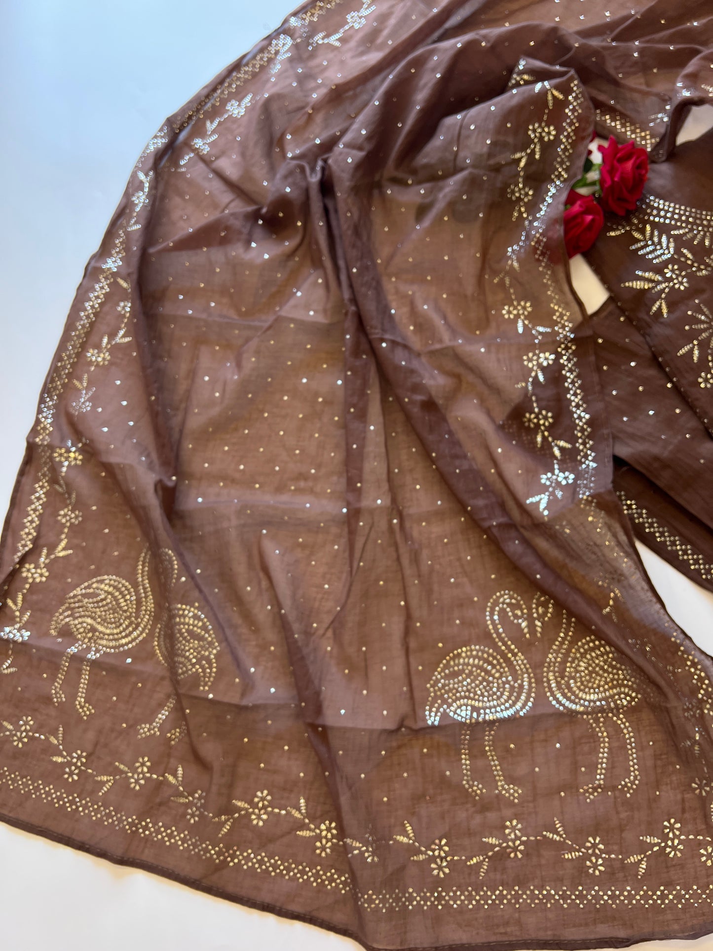 Brown Mul Chanderi dress material with mukaish -Flamingo