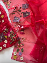 Red Fairy tale Embroidery on Organza premium unstitched dress material with 3D floral work