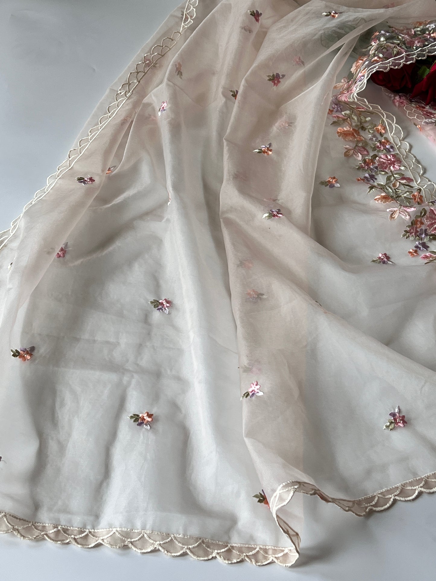 Peach thread Embroidery unstitched suit
