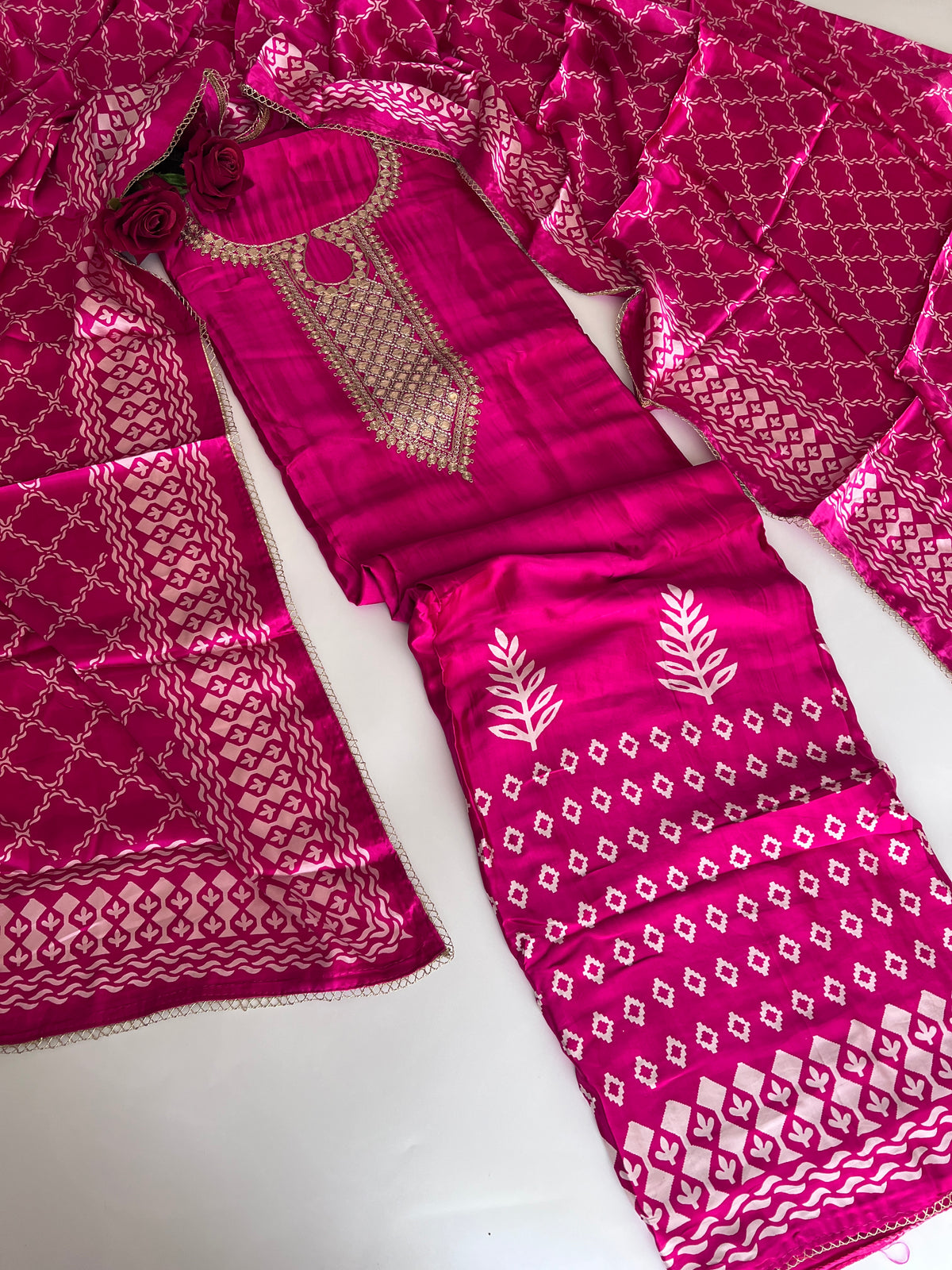 Pink Gajji Silk With gotta work neck Unstitched suit