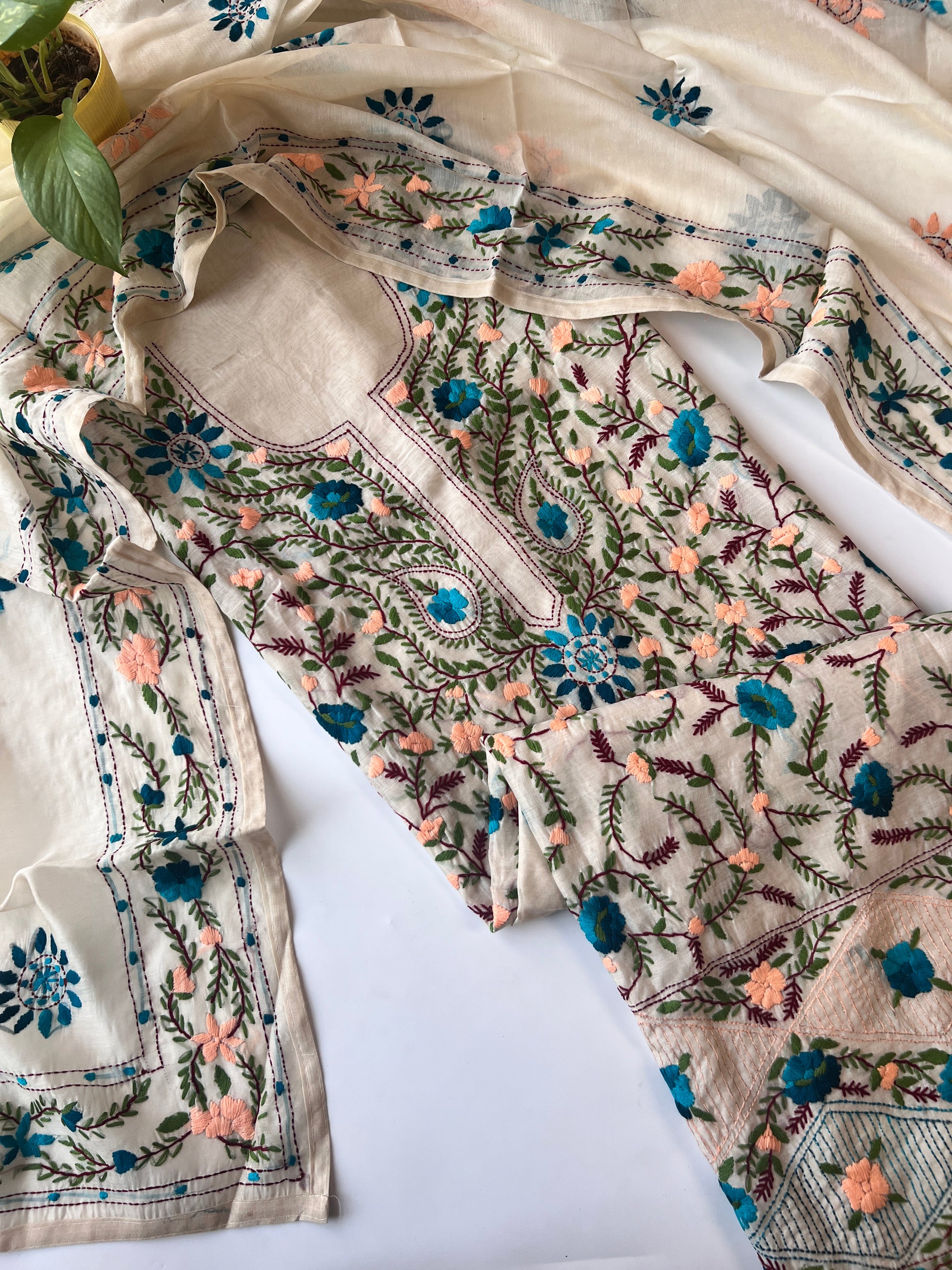 Chanderi Phulkari embroidery Unstitched suit material