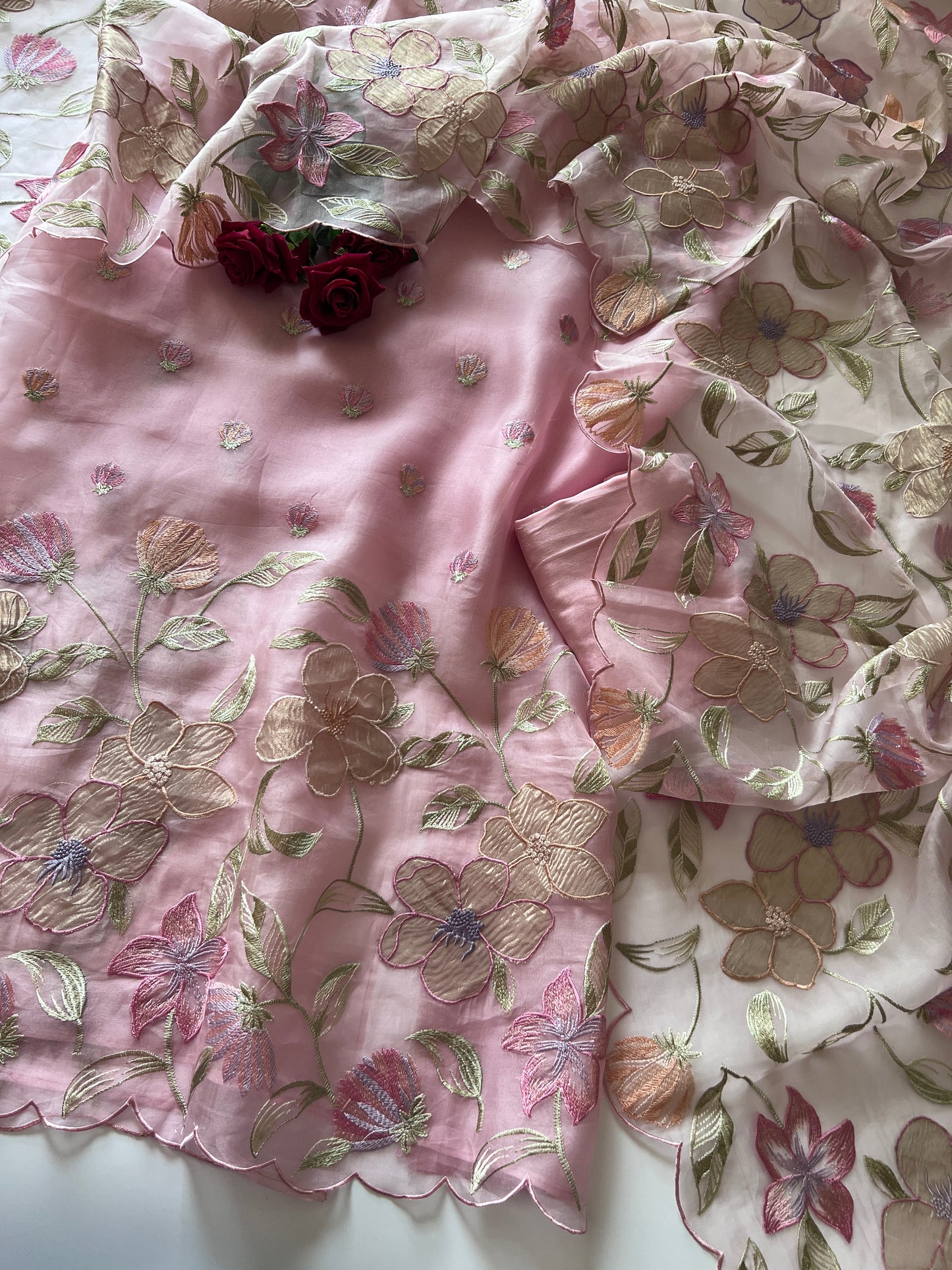 Floral Embroidery on Pure Silk Organza premium unstitched dress material in Pastel Pink