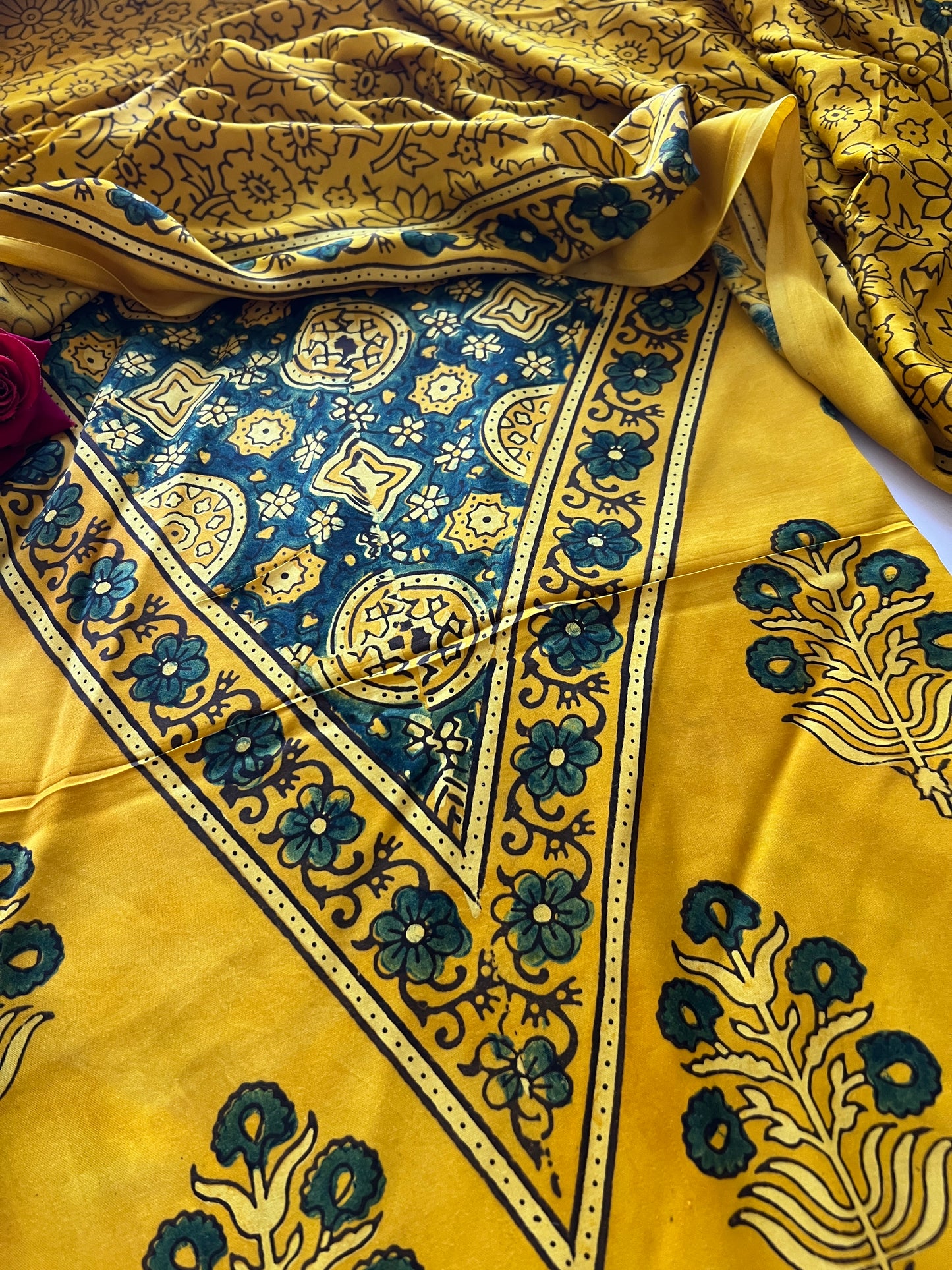 Yellow Original Handblock Ajrakh print on Modal fabric Unstitched suit set