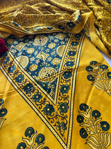 Yellow Original Handblock Ajrakh print on Modal fabric Unstitched suit set