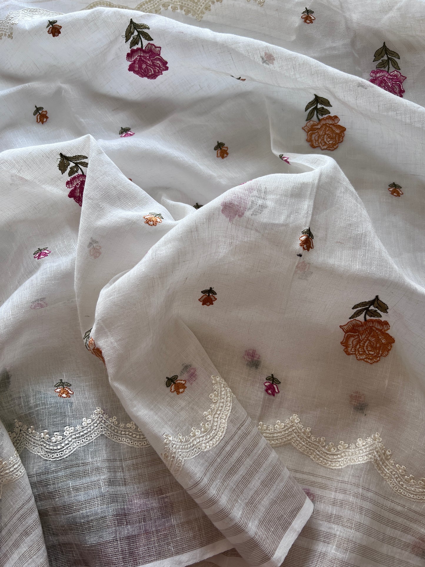 Premium white linen suit fabric with hand-style floral embroidery