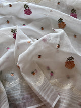 Premium white linen suit fabric with hand-style floral embroidery