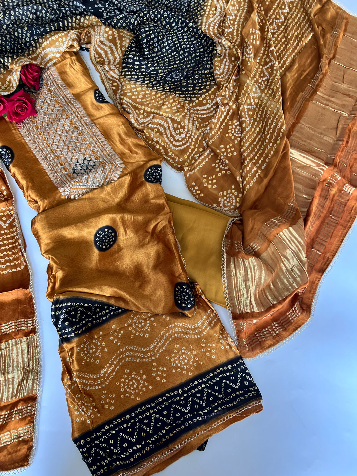 Gold Gajji Silk With gotta work neck Unstitched suit